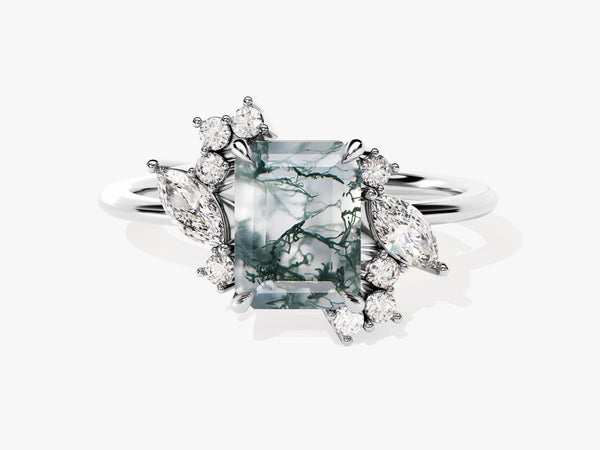 Emerald cut moss agate ring with diamond accents