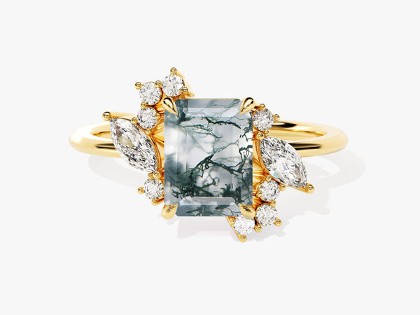 Emerald Cut Moss Agate Engagement Ring with Marquise and Round Moissanite Sidestones