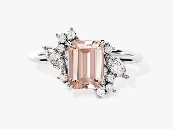 Emerald cut peach gemstone ring with diamond accents