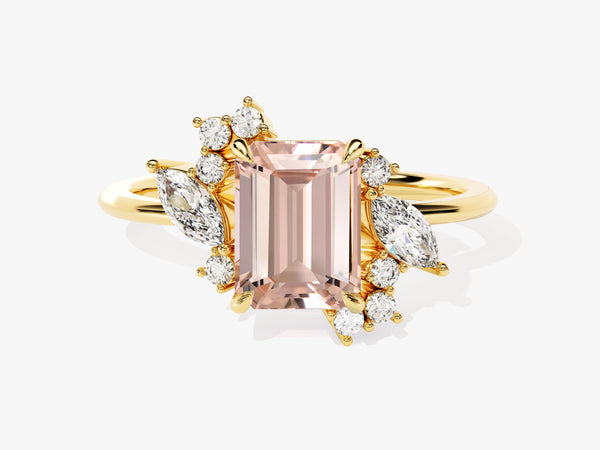 Emerald Cut Peach Morganite Engagement Ring with Round and Marquise Moissanites