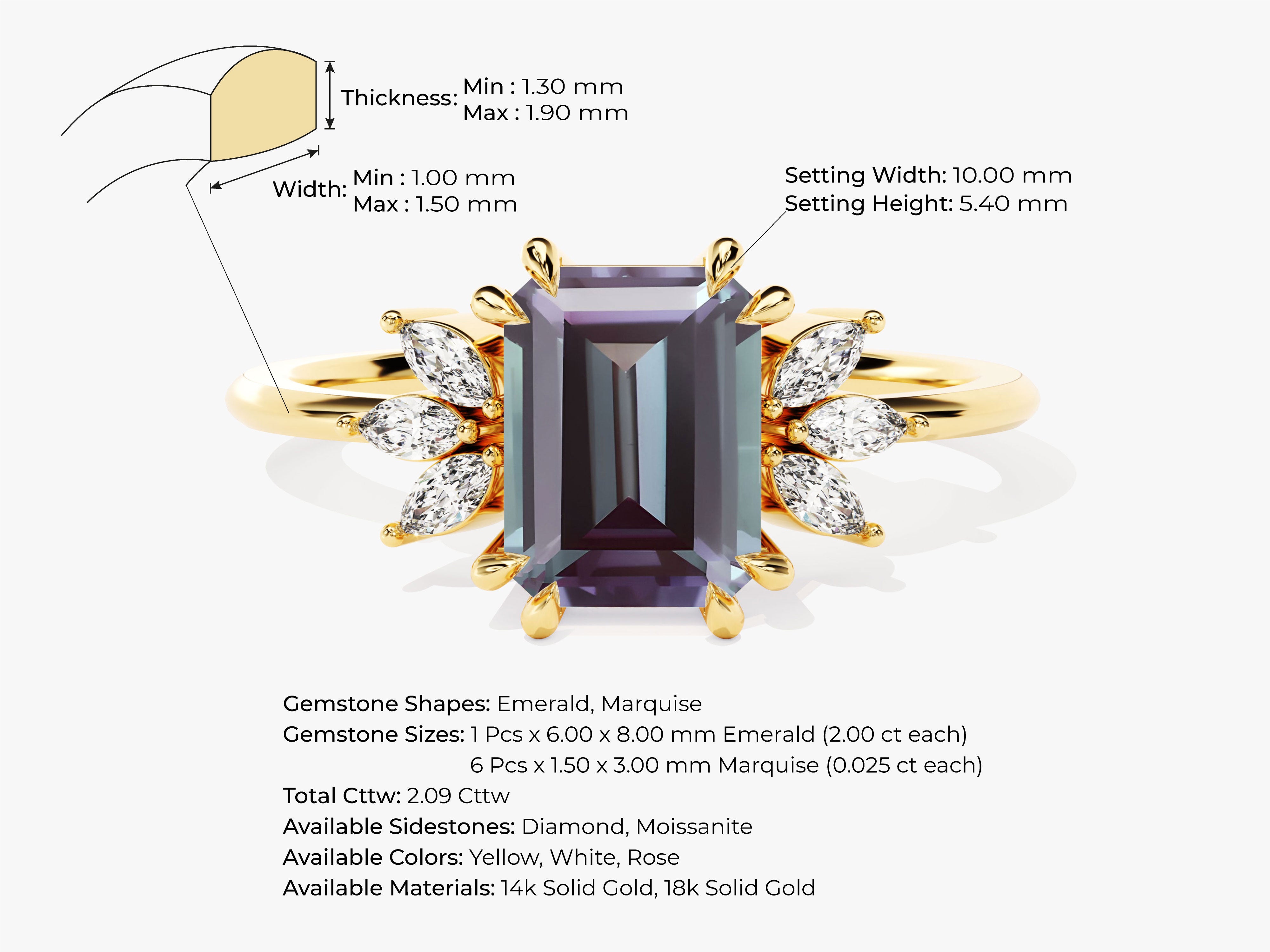 Emerald cut alexandrite ring with marquise diamonds, 14k gold