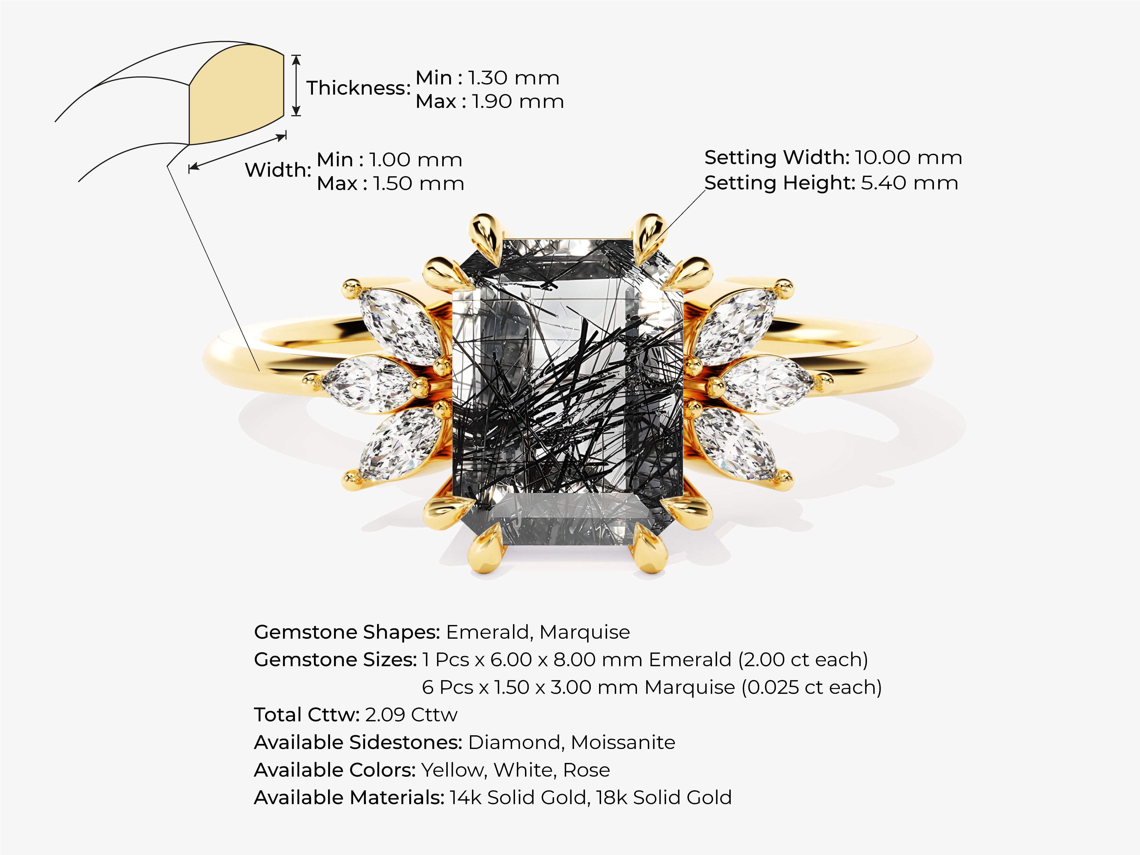 Gold ring with emerald cut black tourmaline and marquise diamonds