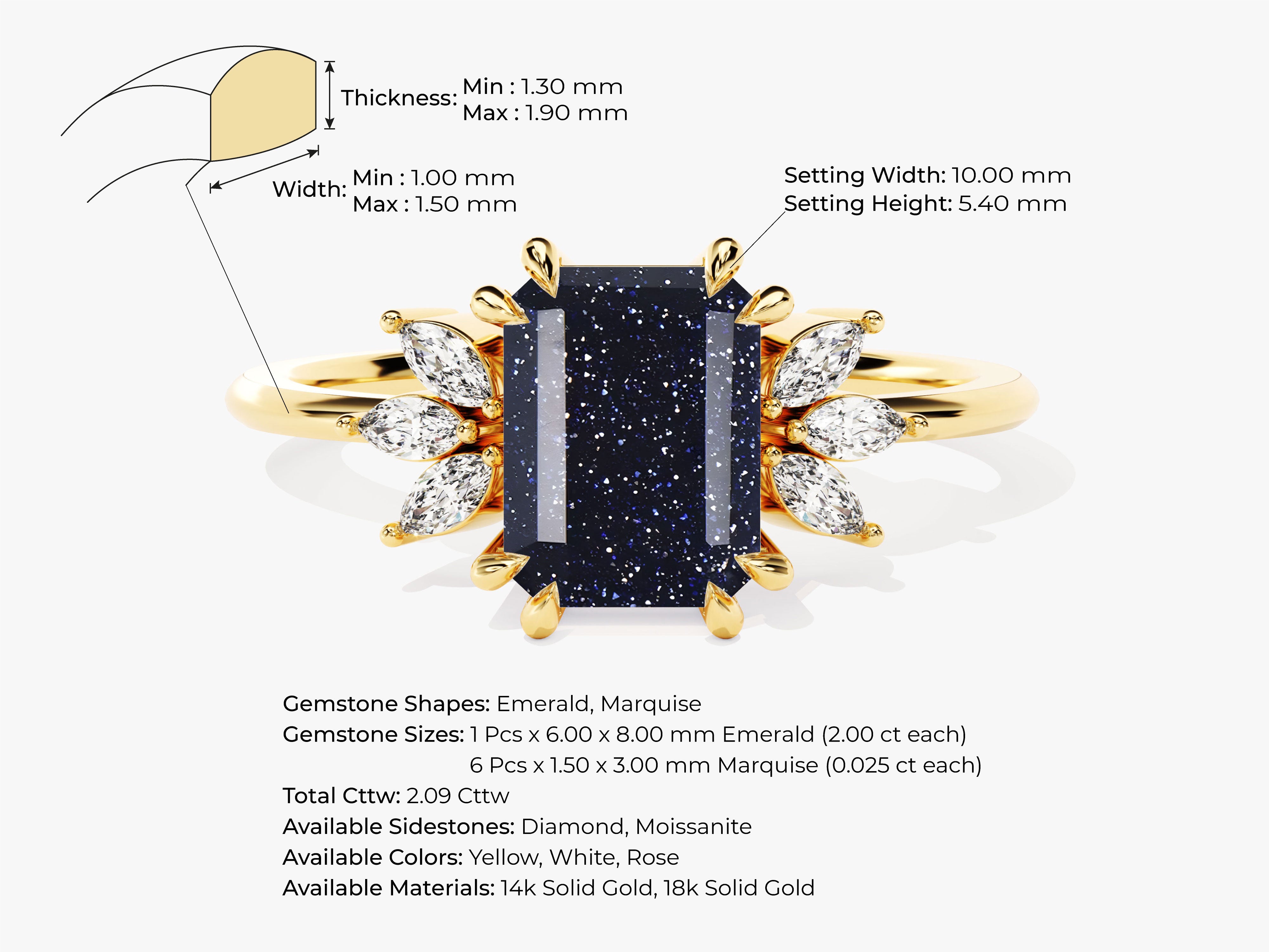 Emerald Cut Blue Sandstone Engagement Ring with Marquise Moissanite Sidestones