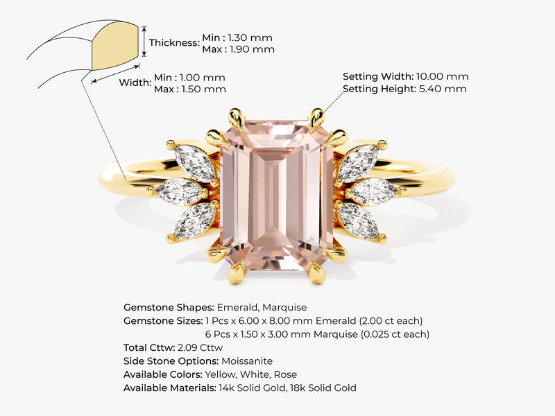 Emerald Cut Peach Morganite Engagement Ring with Marquise Sidestones