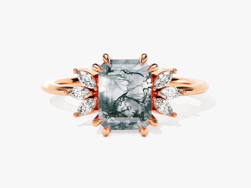 Emerald Cut Moss Agate Engagement Ring with Marquise Moissanite Sidestones