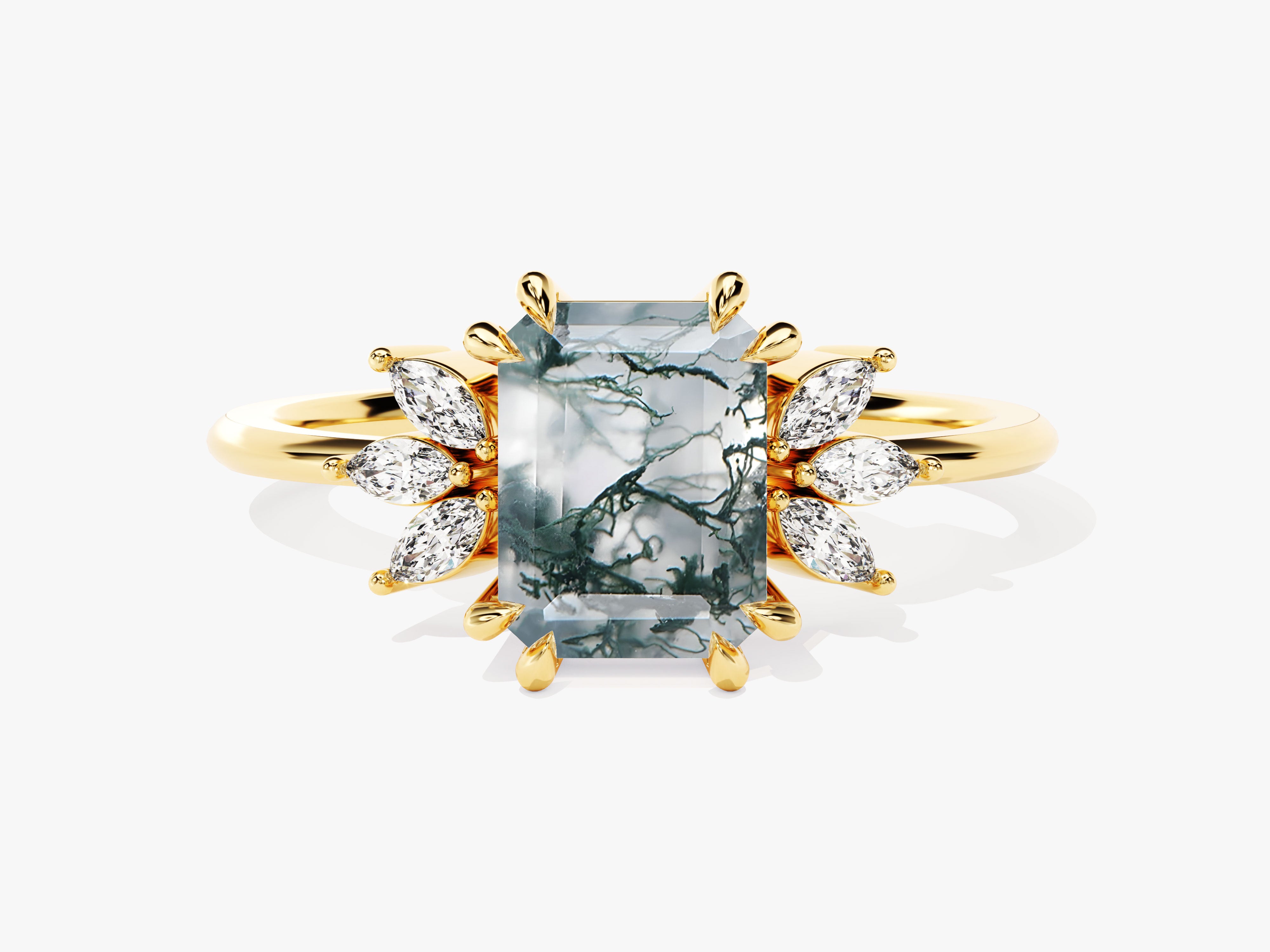 Emerald cut moss agate ring with diamond accents