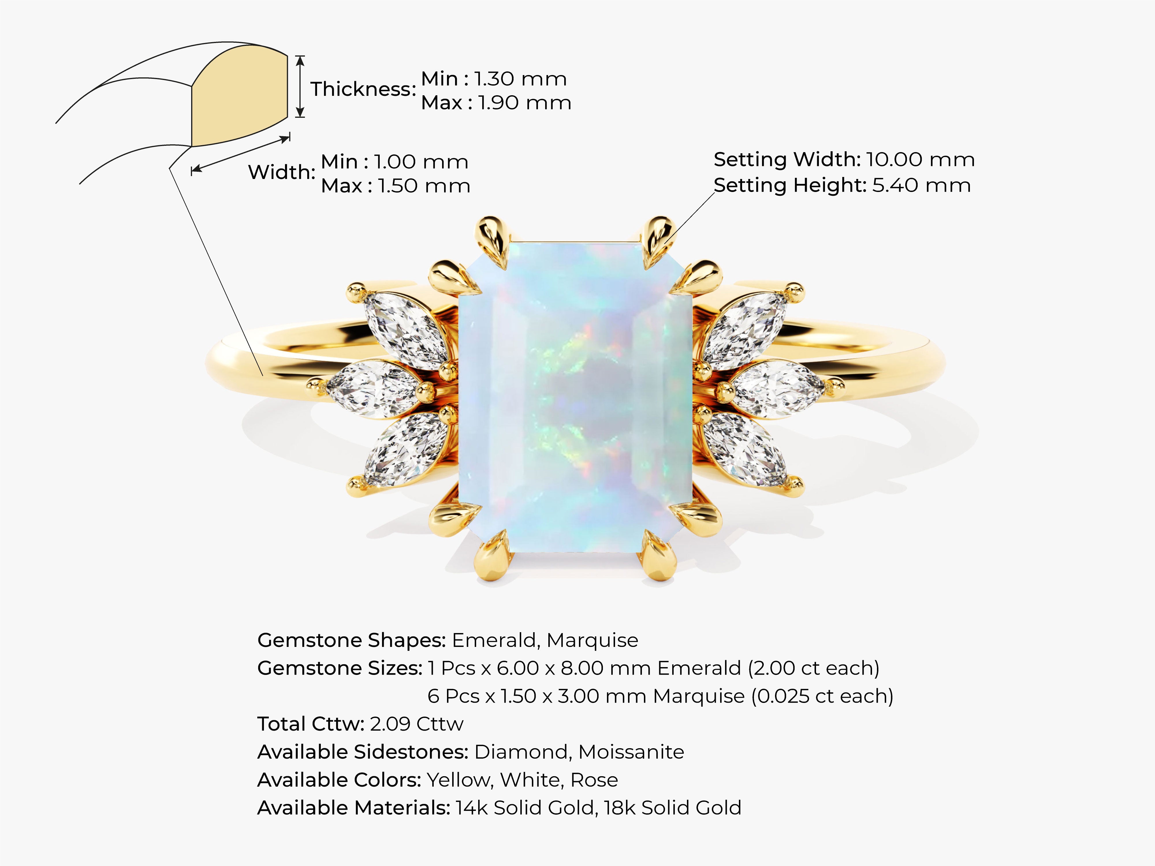 Gold ring with emerald cut opal and marquise diamonds