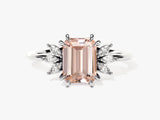 Emerald Cut Peach Morganite Engagement Ring with Marquise Sidestones