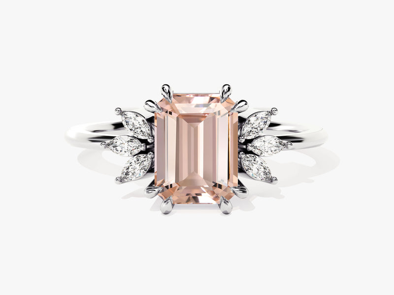 Emerald Cut Peach Morganite Engagement Ring with Marquise Sidestones