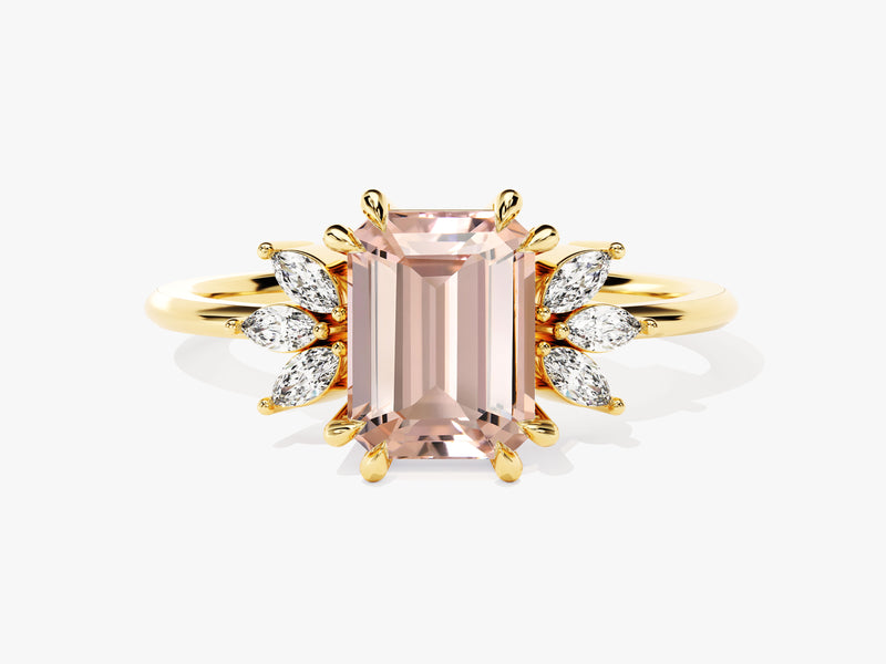 Emerald Cut Peach Morganite Engagement Ring with Marquise Sidestones