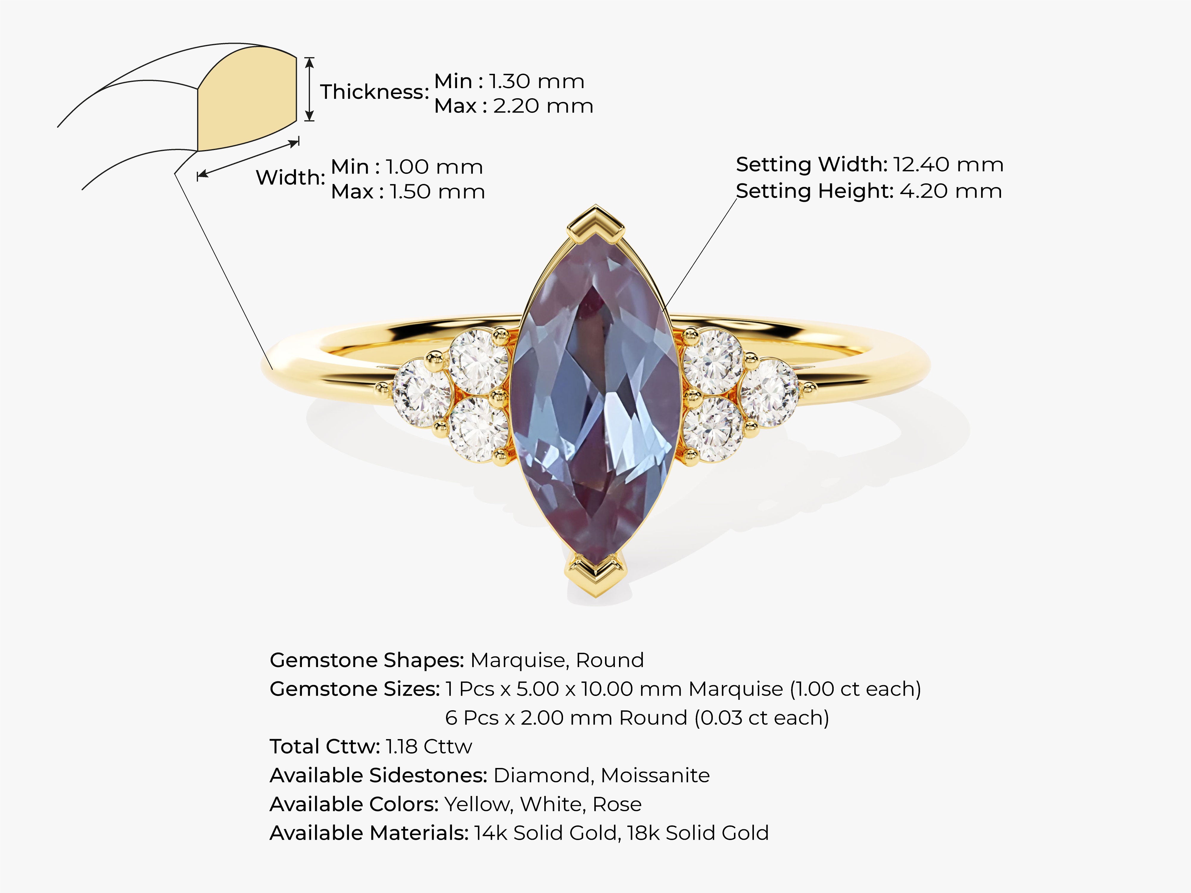 Marquise alexandrite ring with diamonds, gold jewelry