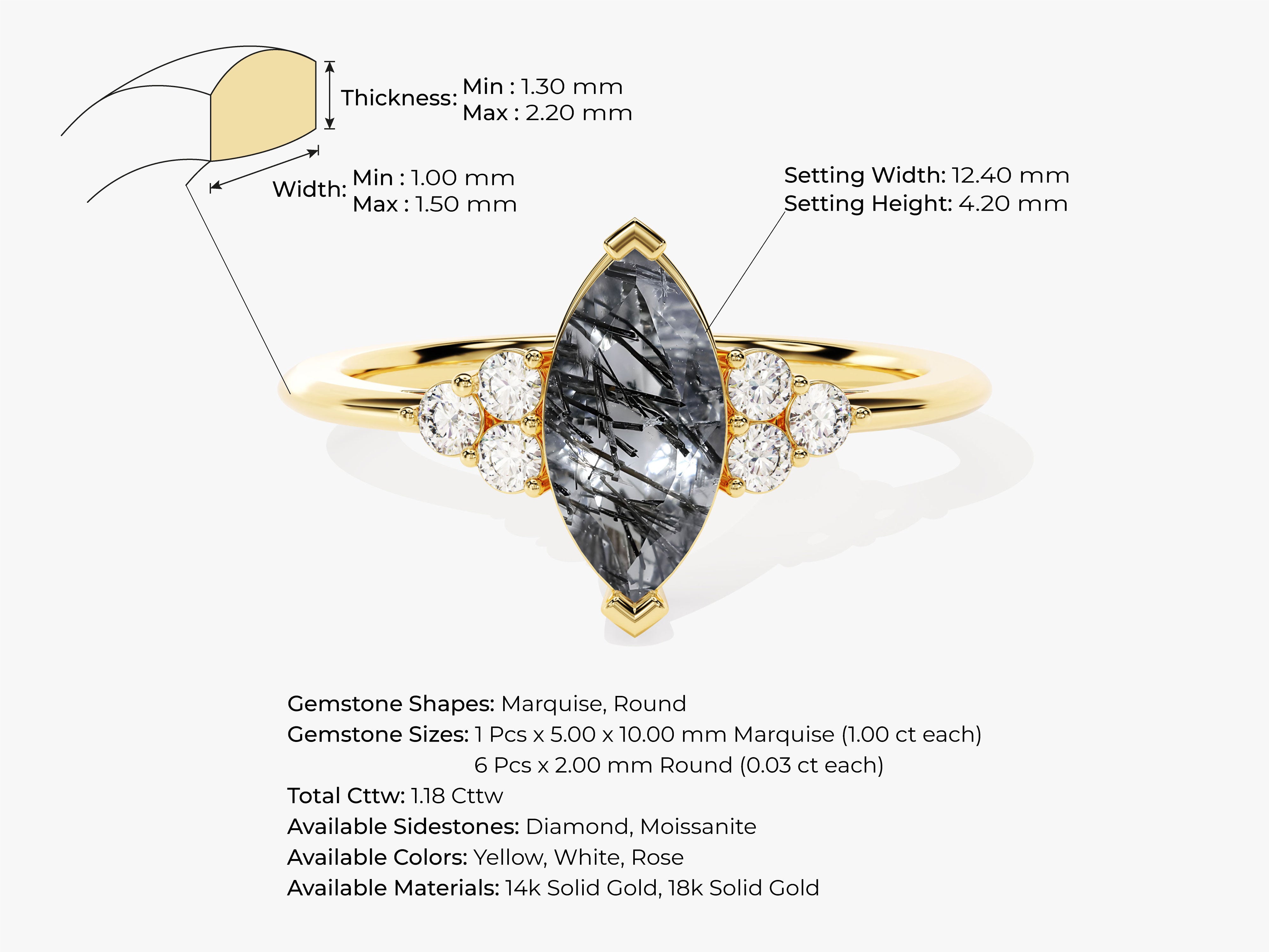 Gold ring with marquise gemstone and diamonds