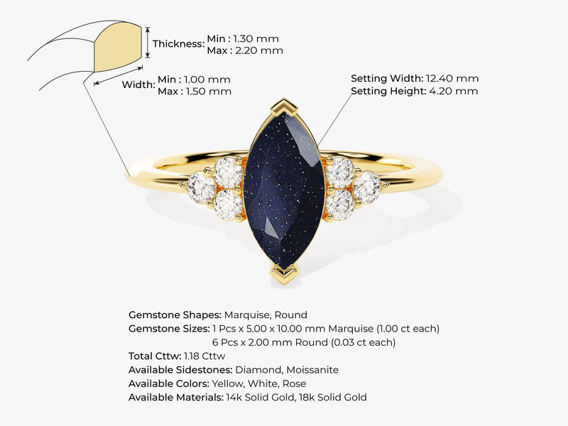 Marquise Blue Sandstone Engagement Ring with Moissanite Sidestones