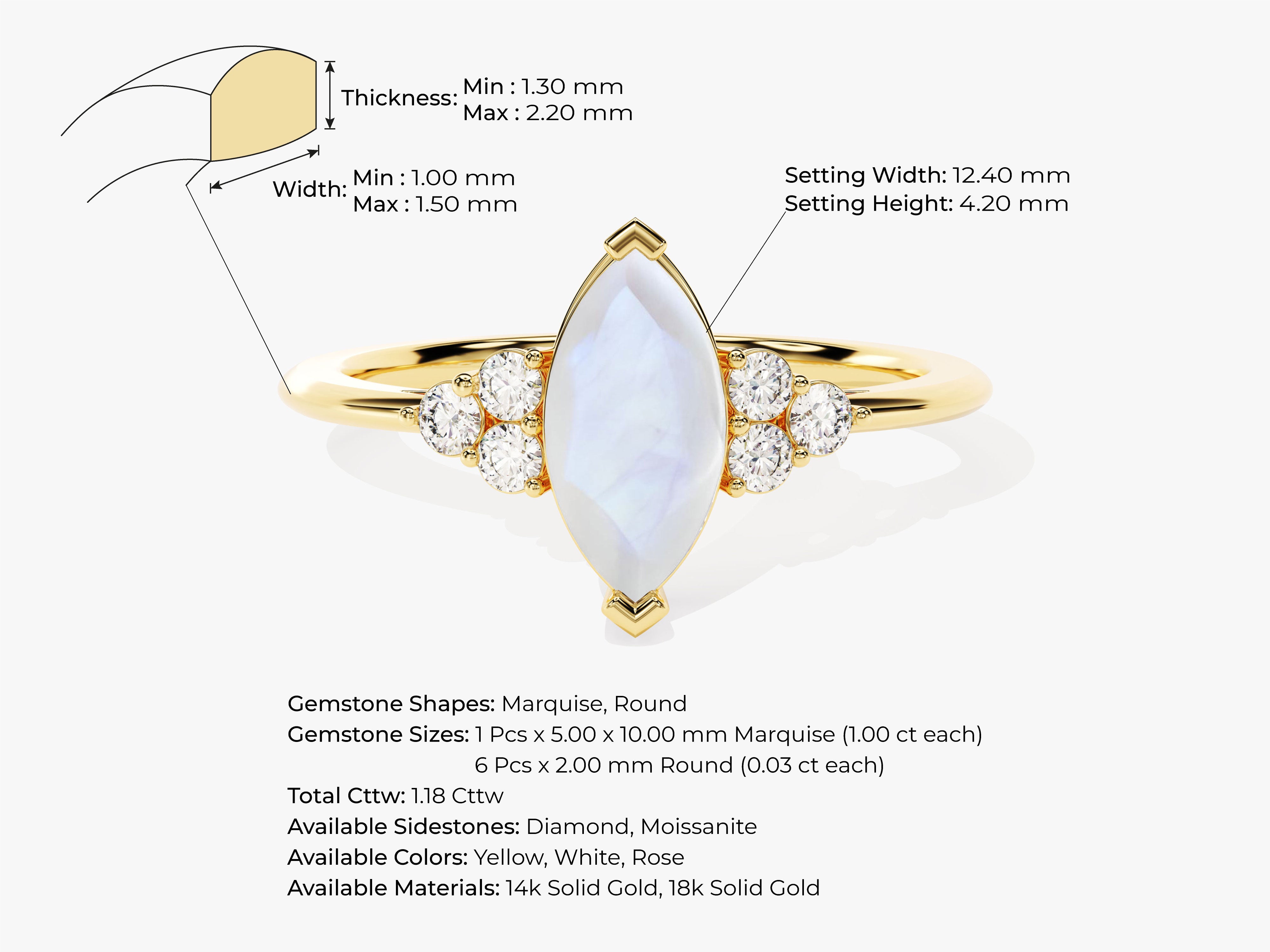 Gold marquise moonstone ring with diamond accents