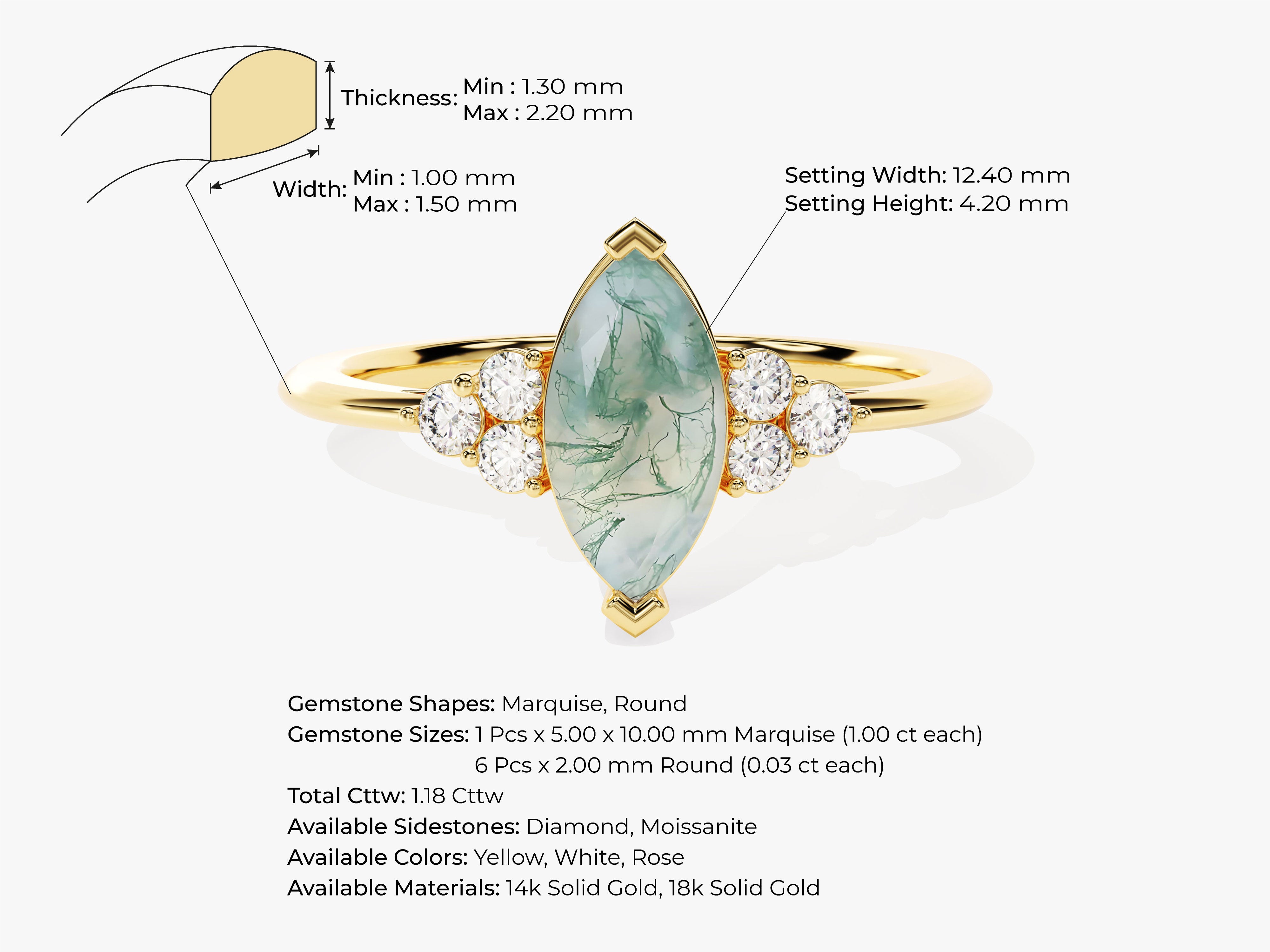 Marquise moss agate and diamond ring in yellow gold