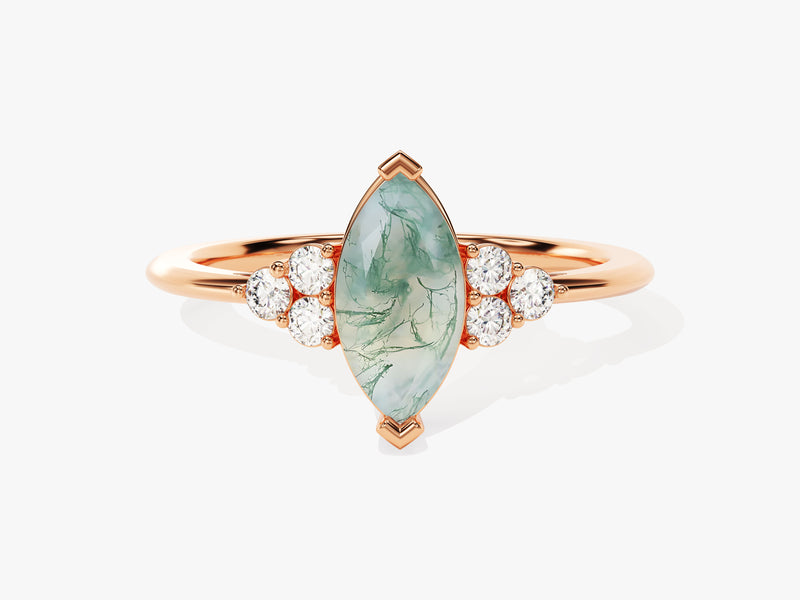 Marquise Moss Agate Engagement Ring with Moissanite Sidestones