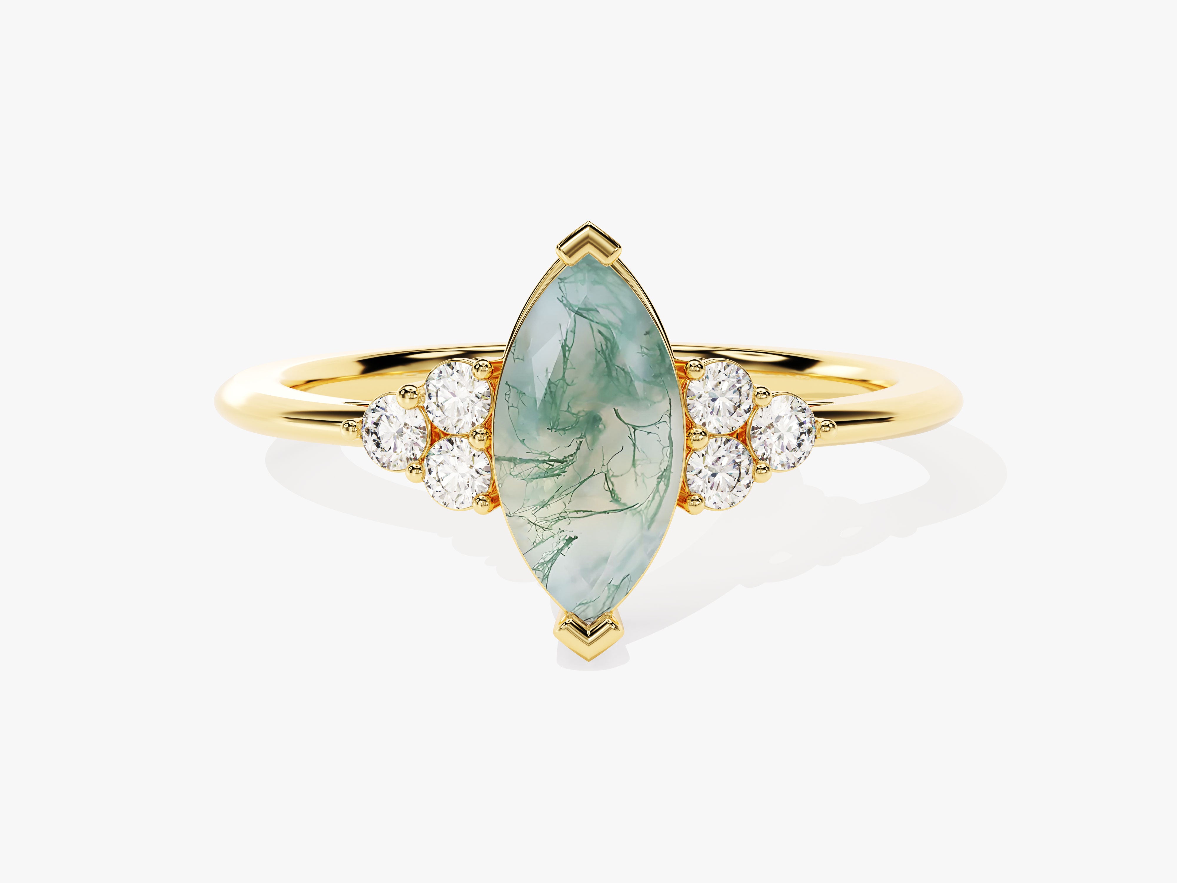 Gold ring with marquise moss agate and diamonds