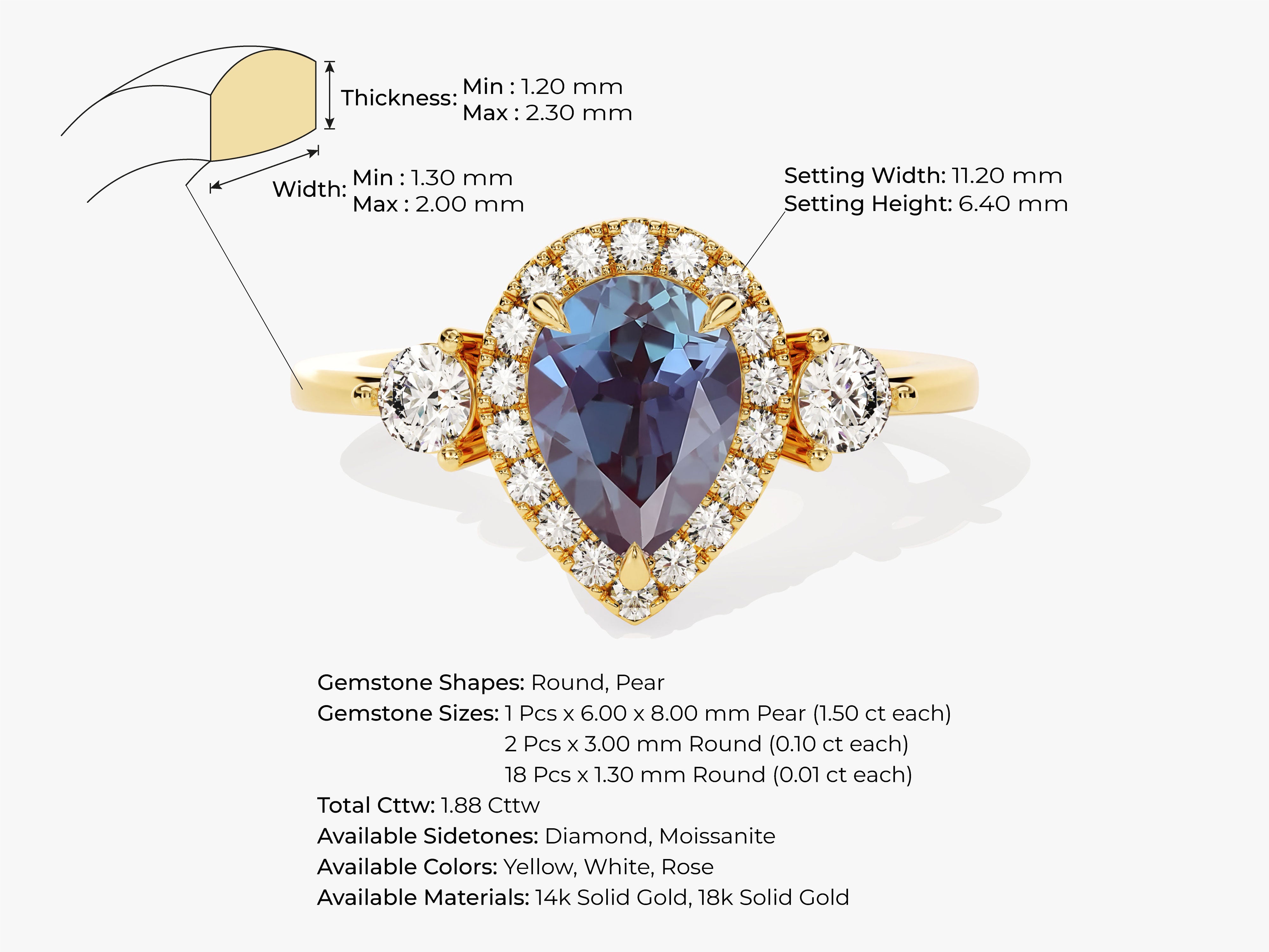 Pear Halo Lab Alexandrite Engagement Ring with Moissanite Sidestones