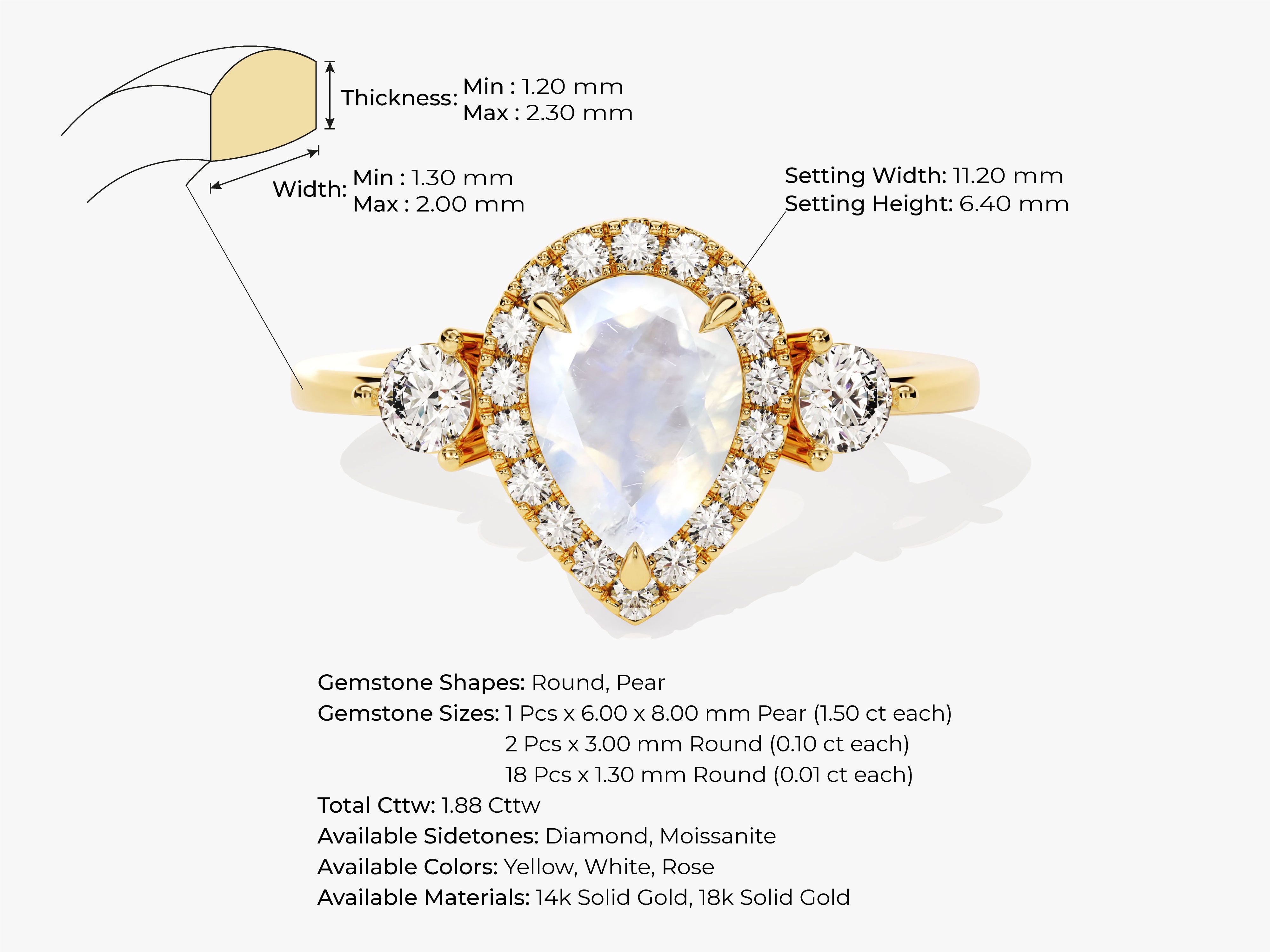Gold pear-shaped moonstone ring with diamond halo and side stones