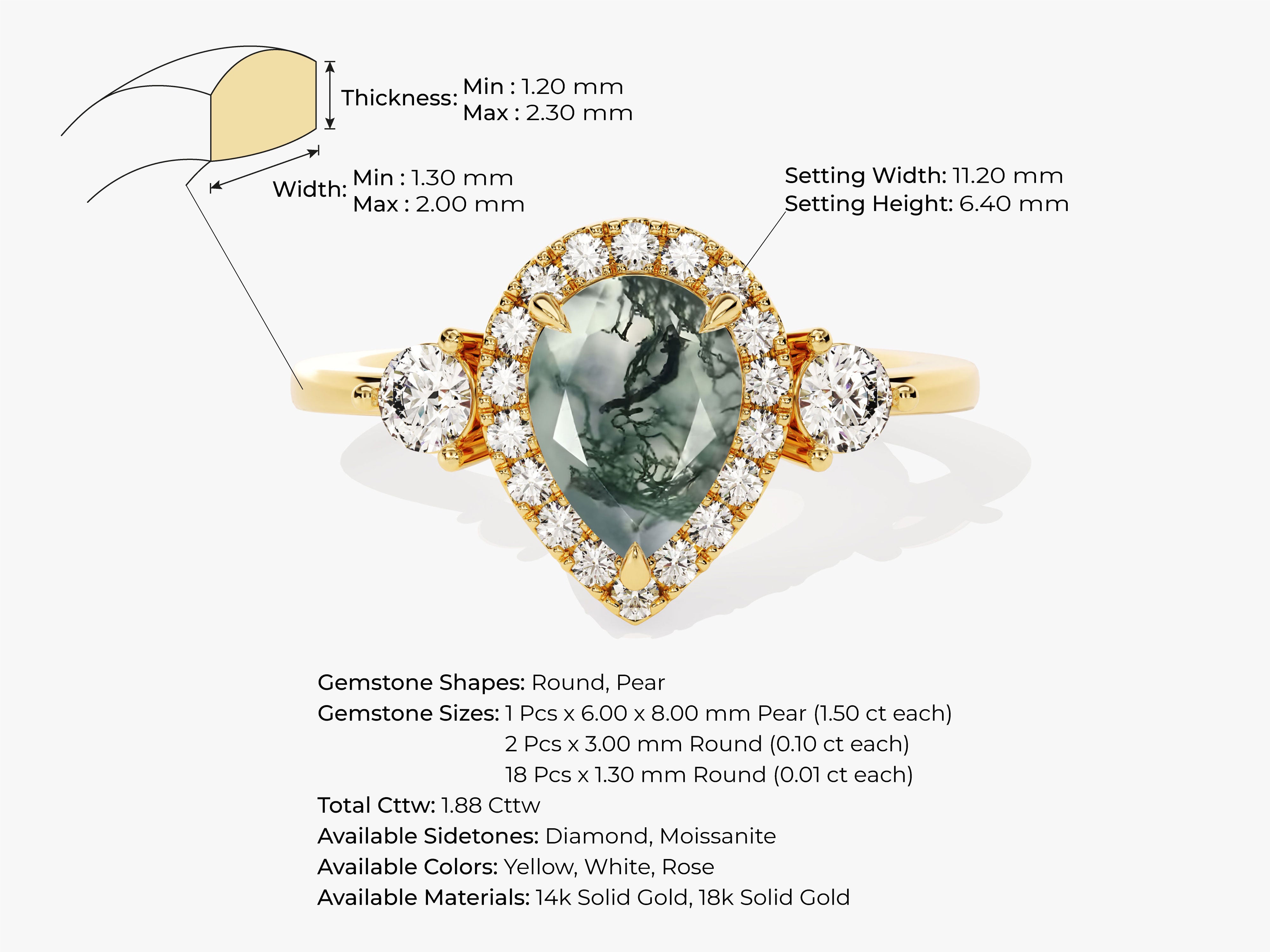 Pear-shaped moss agate diamond halo ring in gold