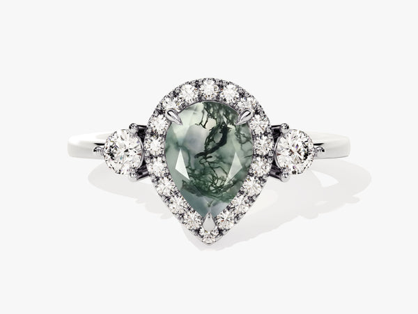 Pear-shaped moss agate ring with diamond halo and side stones