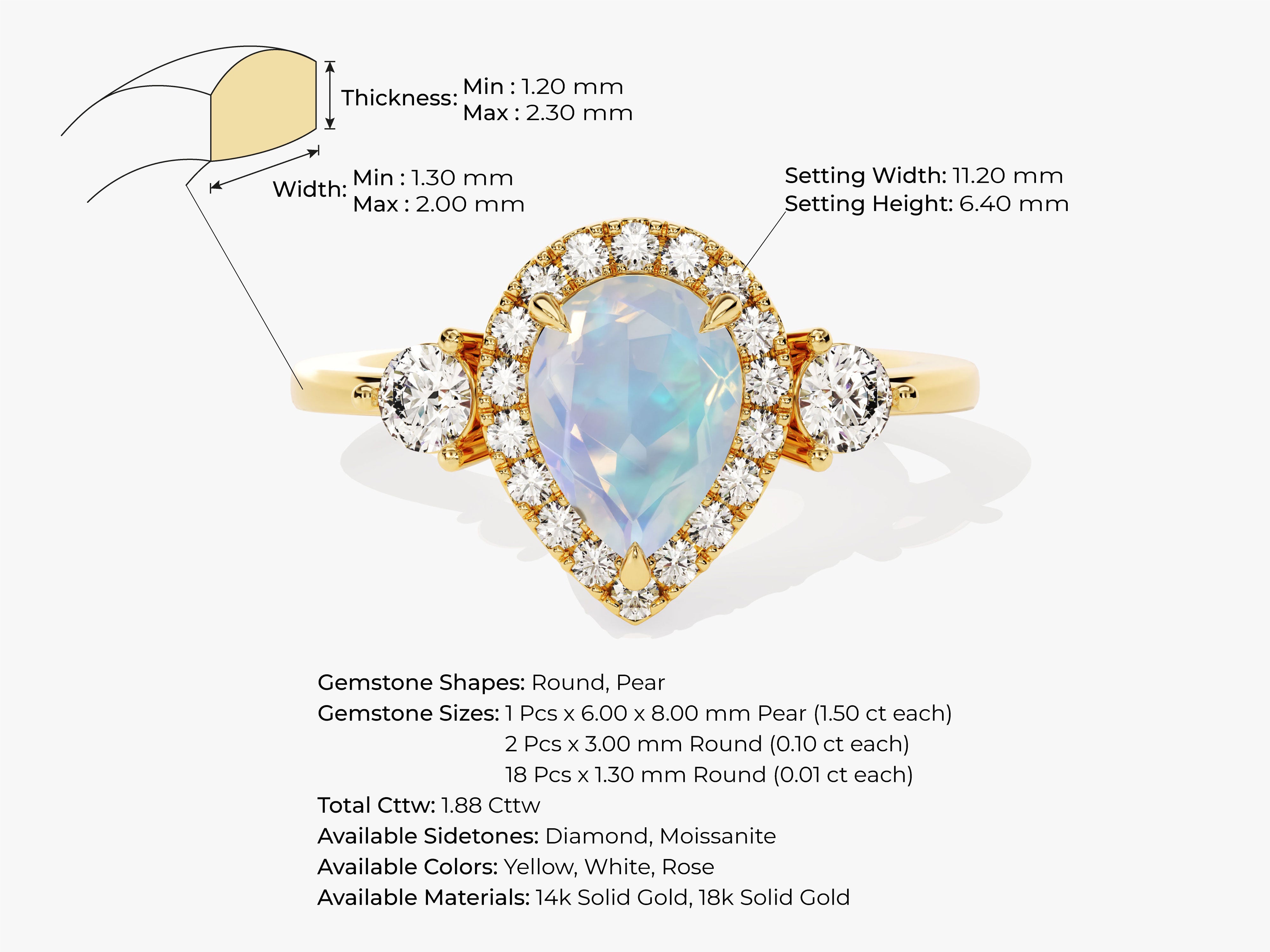 Gold pear halo ring with diamonds and opal gemstone