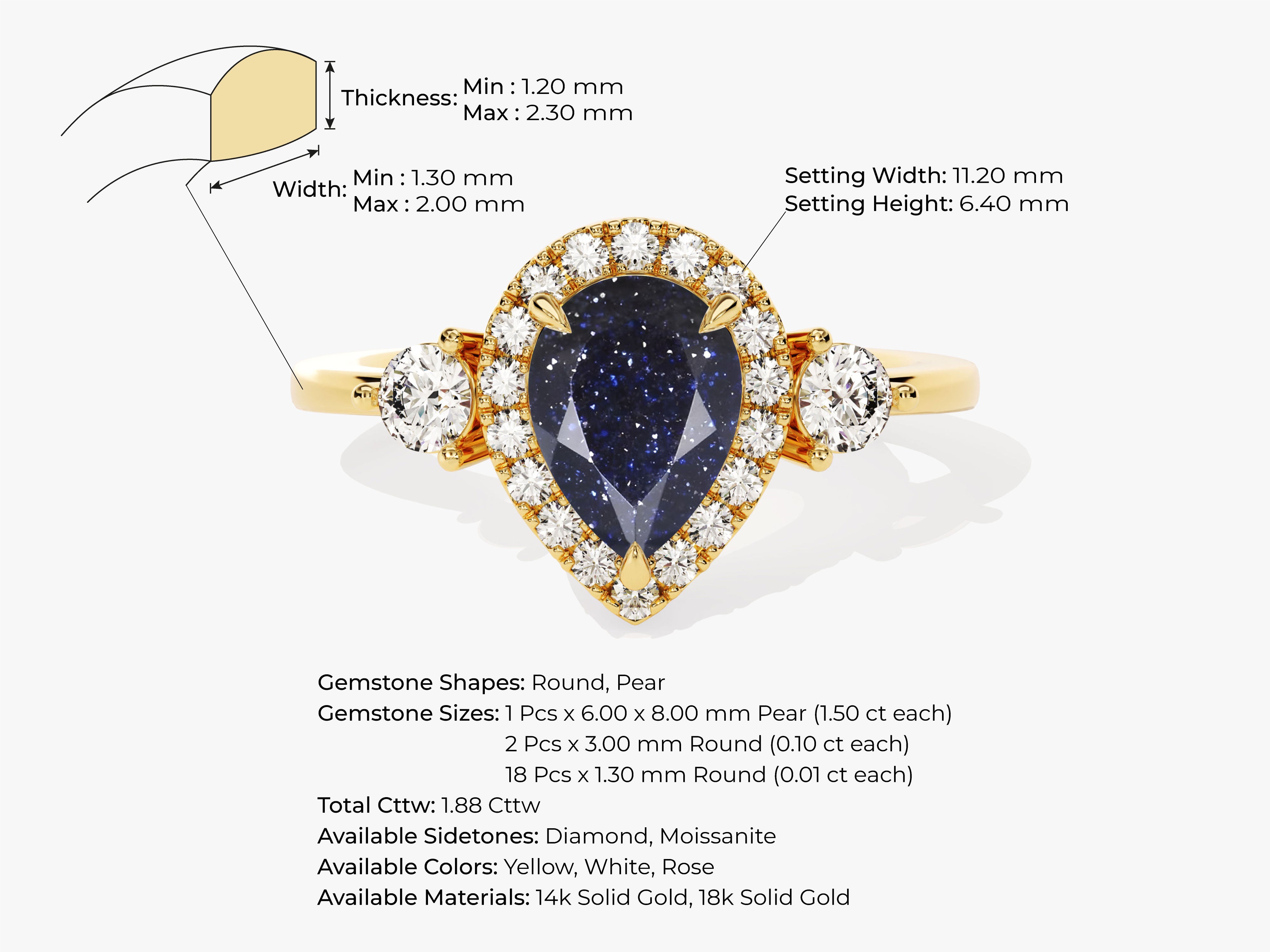 Gold pear-shaped sapphire ring with diamond halo and side stones