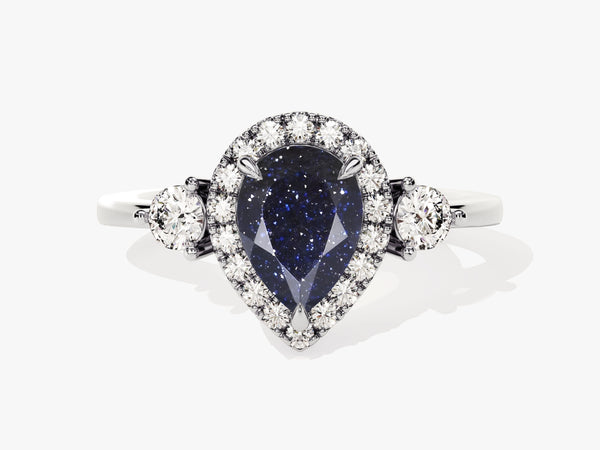 Pear Halo Blue Sandstone Engagement Ring with Moissanite Sidestones