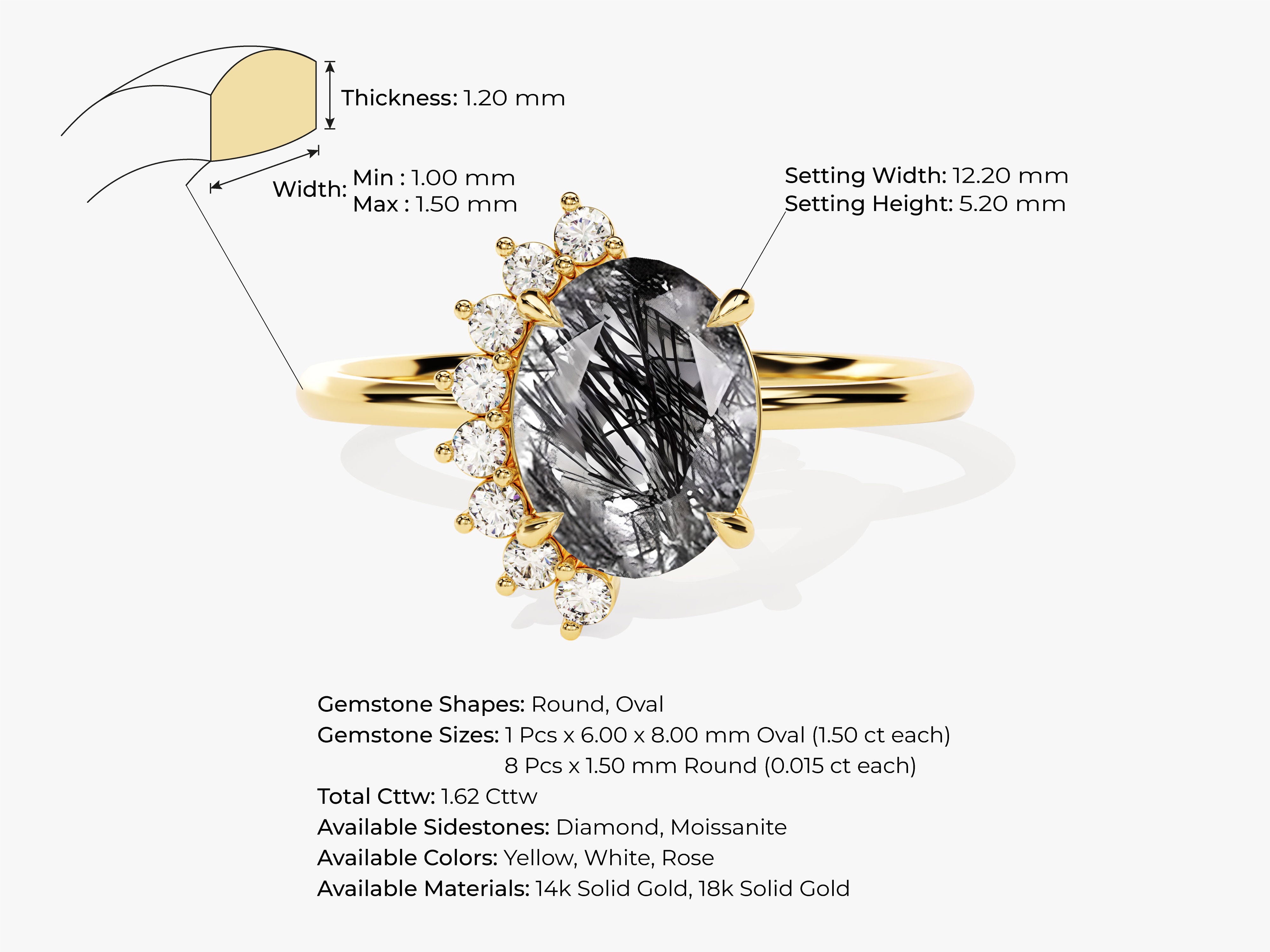 Gold ring with oval rutilated quartz and diamond accents