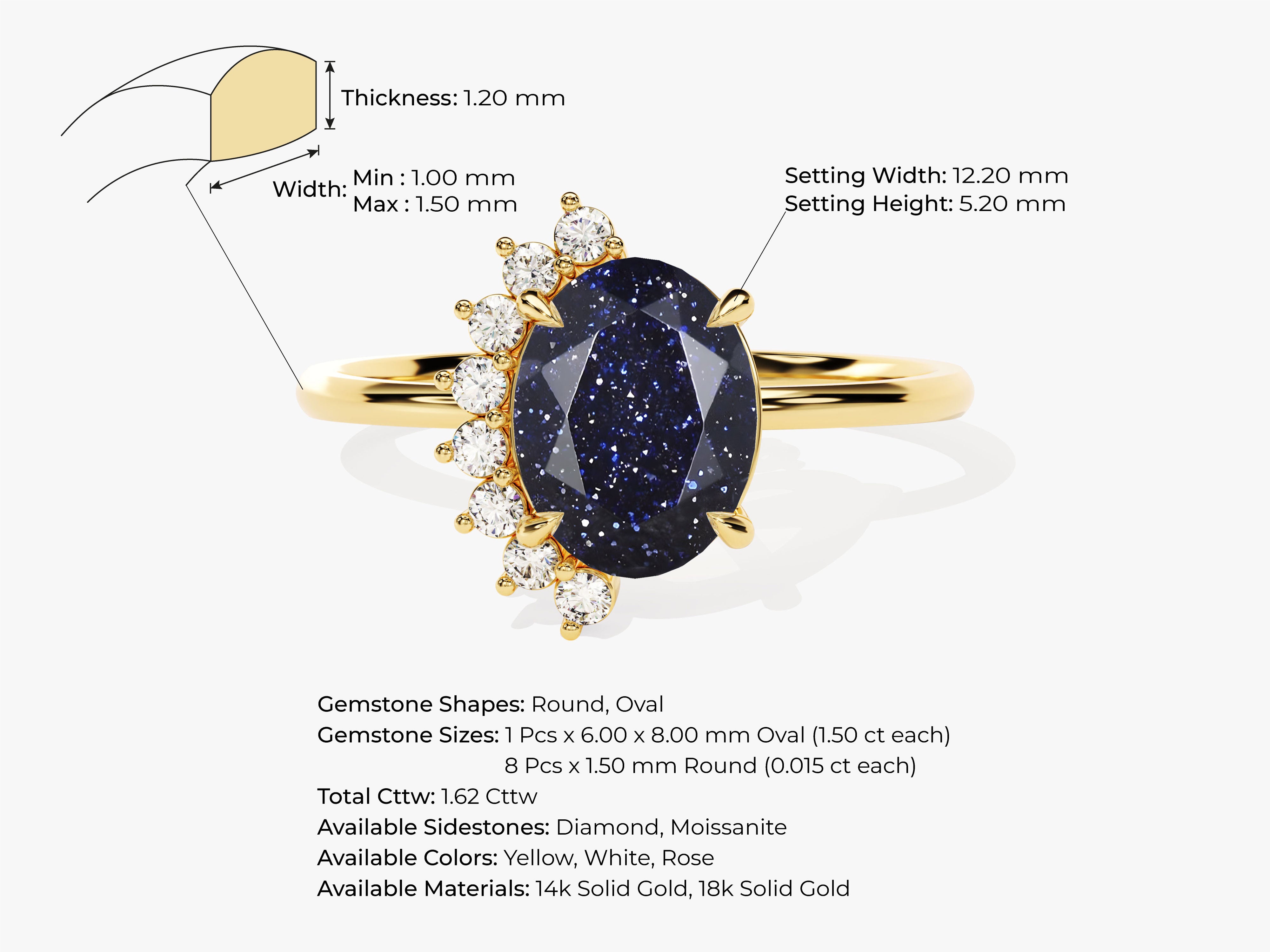 Gold ring with oval blue sandstone and diamond accents