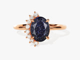 Oval Blue Sandstone Engagement Ring with Round Moissanite Sidestones