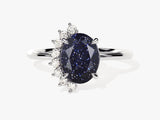 Oval Blue Sandstone Engagement Ring with Round Moissanite Sidestones