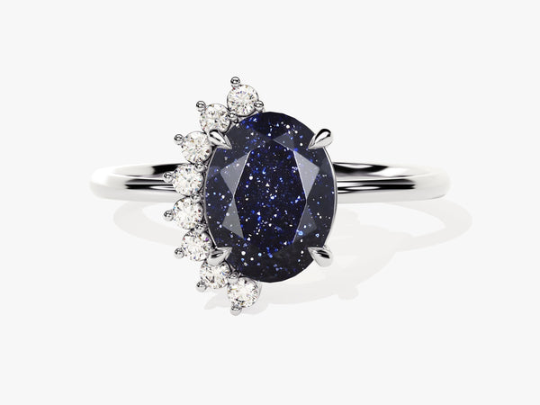 Oval blue sandstone ring with diamond accents, fine jewelry