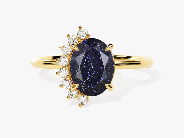 Oval Blue Sandstone Engagement Ring with Round Moissanite Sidestones