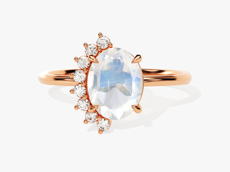 Oval Moonstone Engagement Ring with Round Moissanite Sidestones