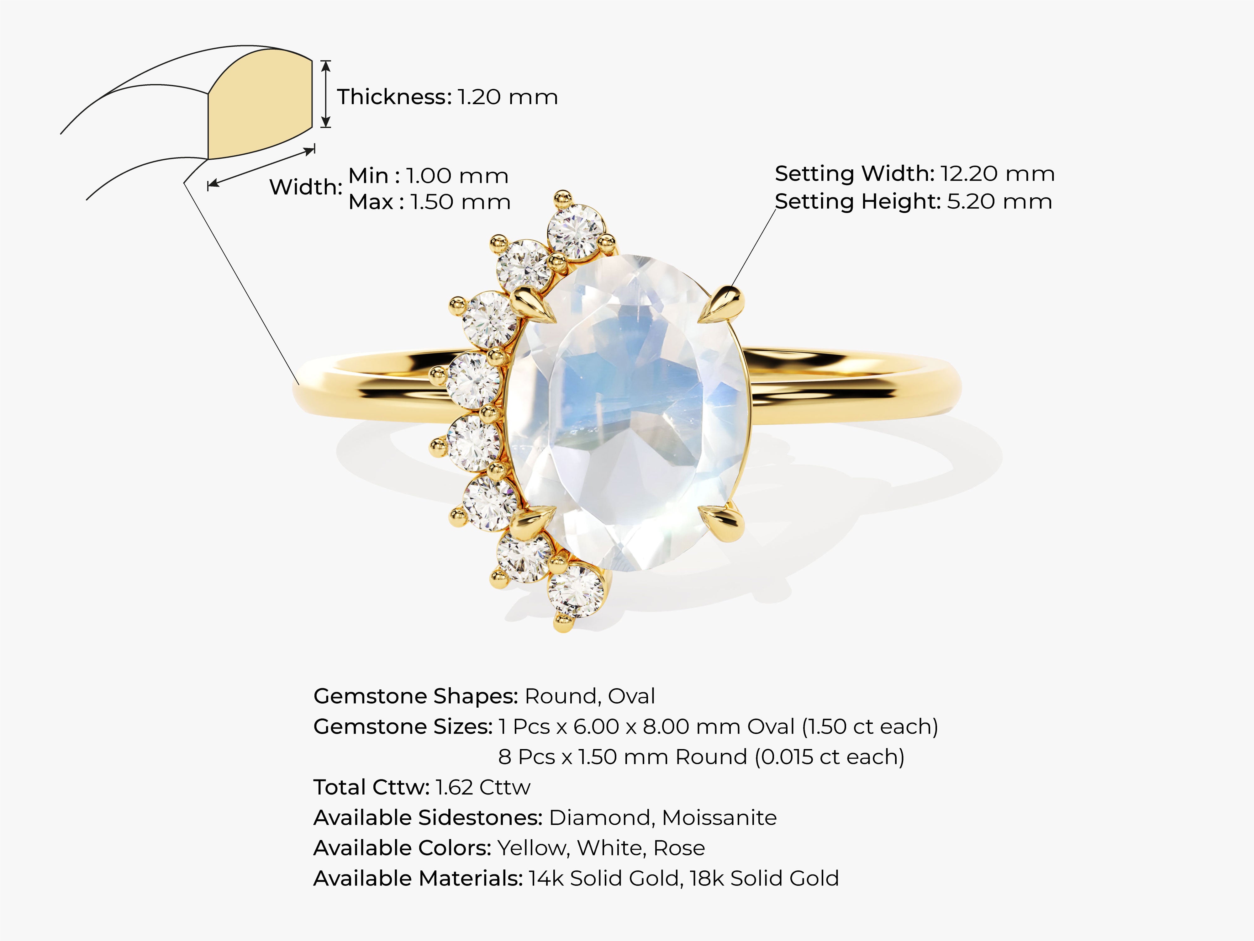 Gold ring with oval moonstone and diamond accents