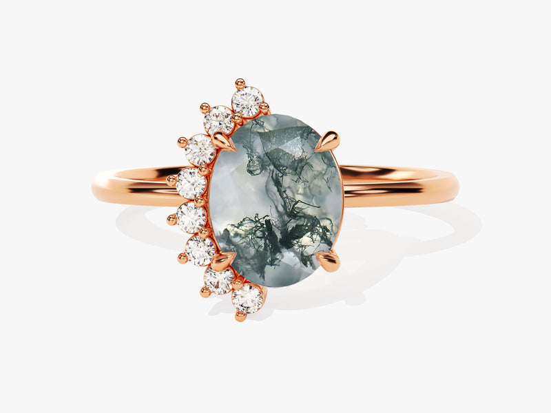 Oval Moss Agate Engagement Ring with Round Moissanite Sidestones