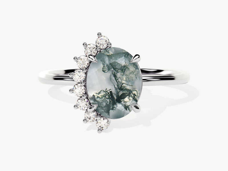 Oval Moss Agate Engagement Ring with Round Moissanite Sidestones