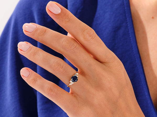 Round Blue Sandstone Engagement Ring with Moissanite Cluster