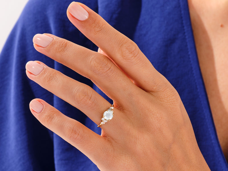 Round Moonstone Engagement Ring with Moissanite Cluster