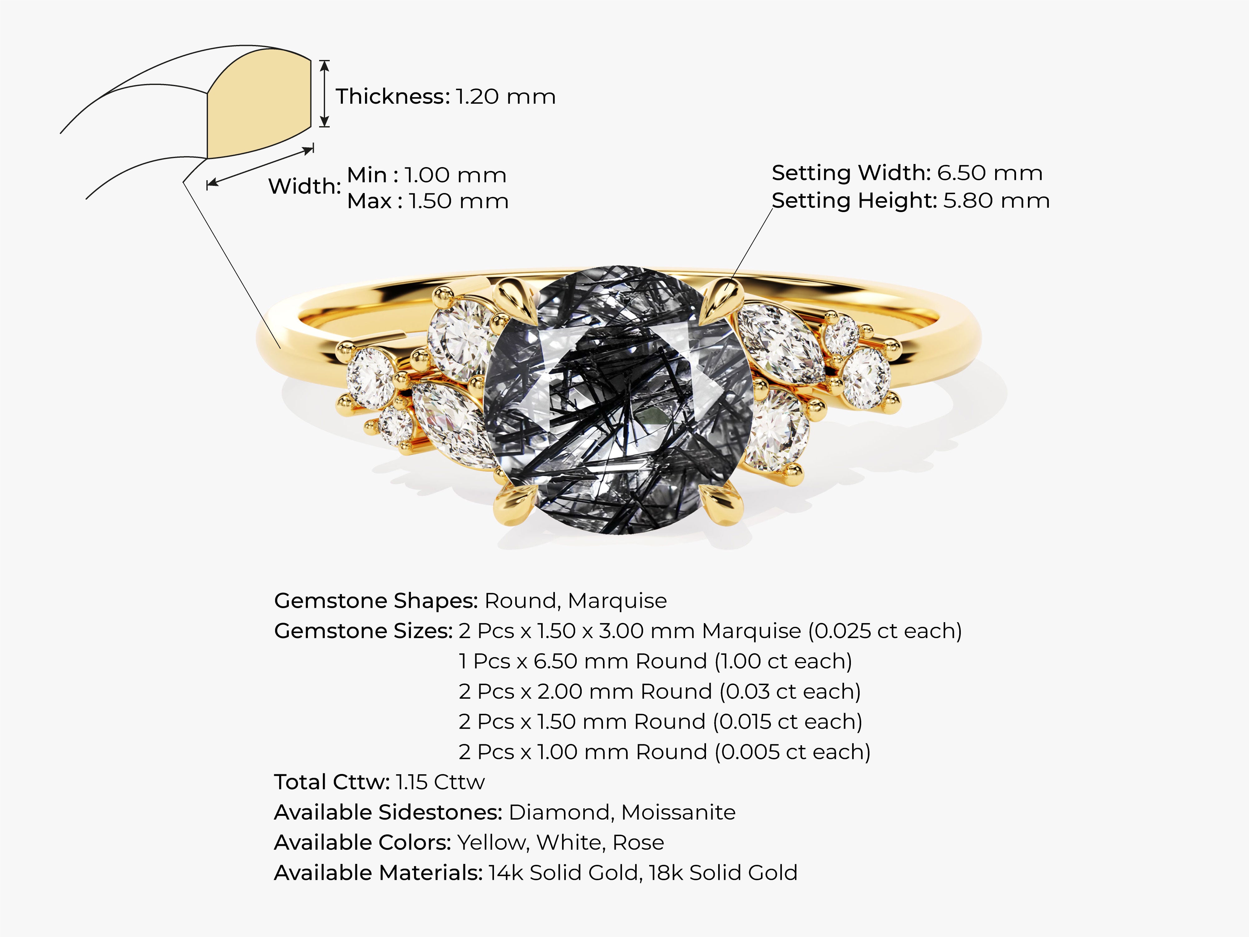 Gold ring with black tourmaline and diamonds, jewelry details