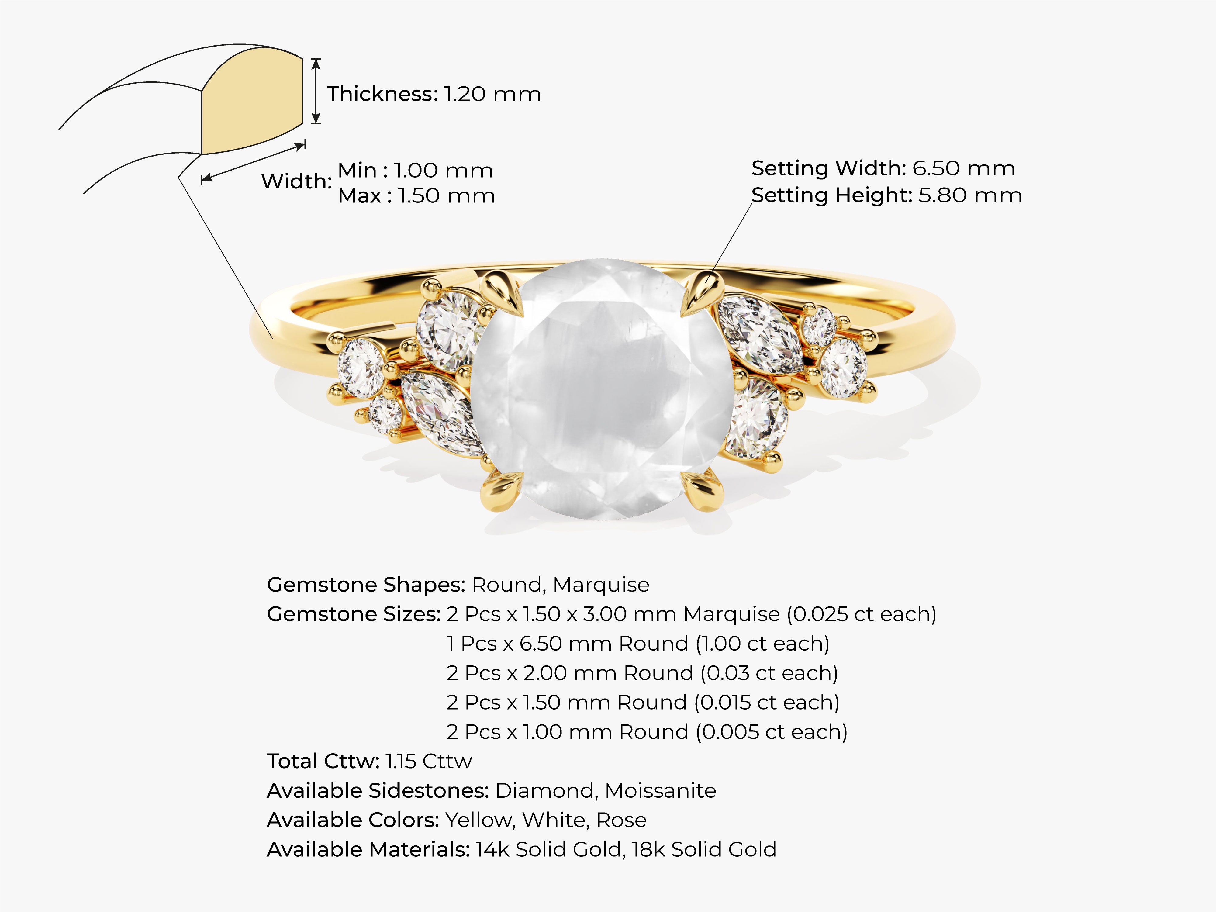 Gold ring with marquise and round diamonds, gemstone jewelry