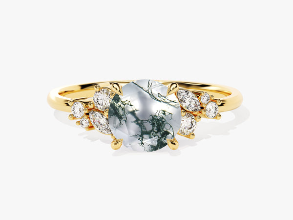 Round Moss Agate Engagement Ring with Moissanite Cluster