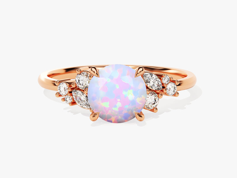 Round Opal Engagement Ring with Moissanite Cluster