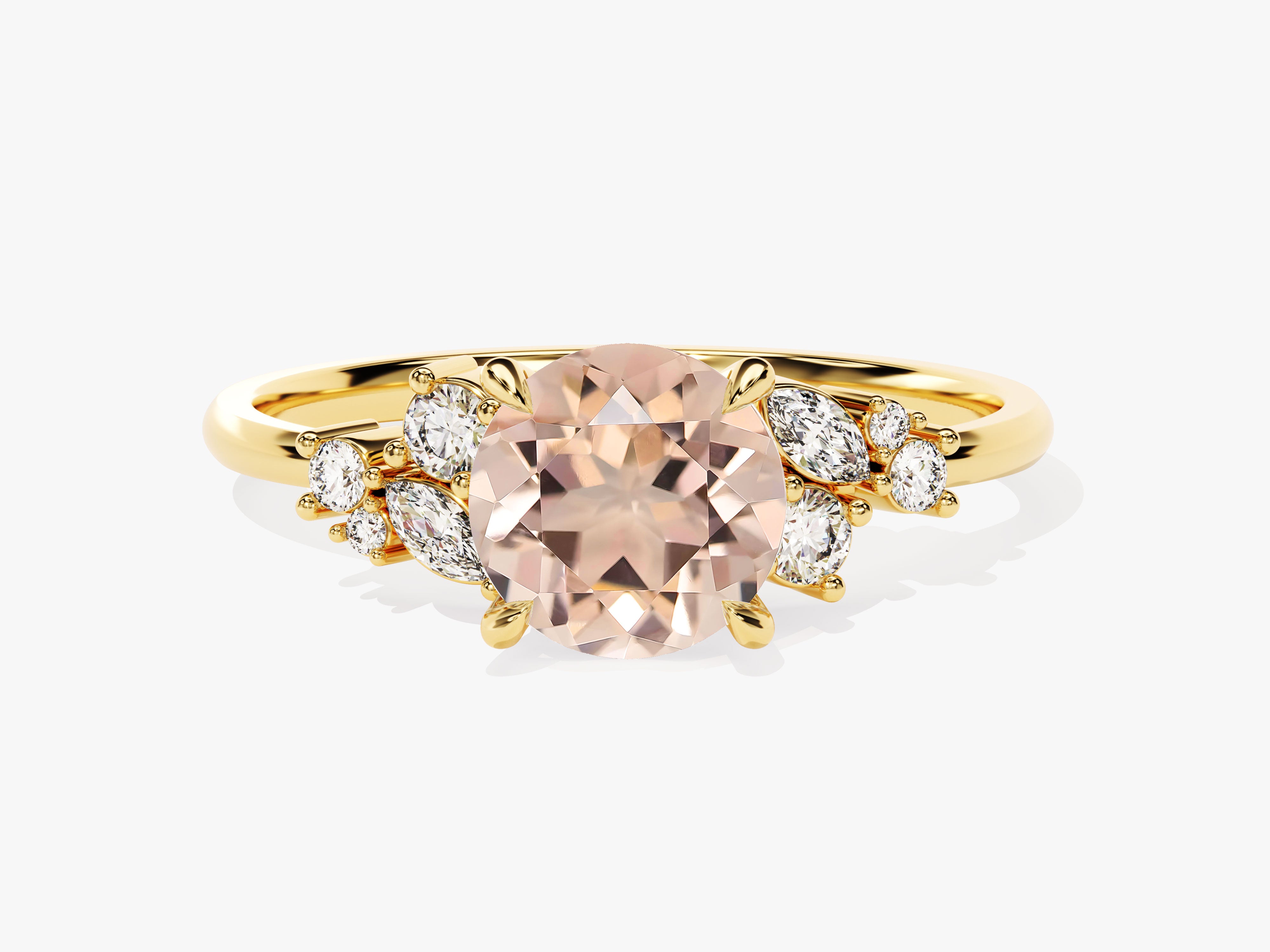 Gold ring with peach morganite and diamond accents