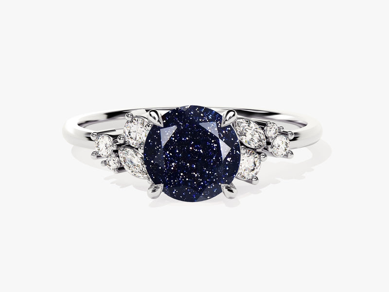 Round Blue Sandstone Engagement Ring with Moissanite Cluster