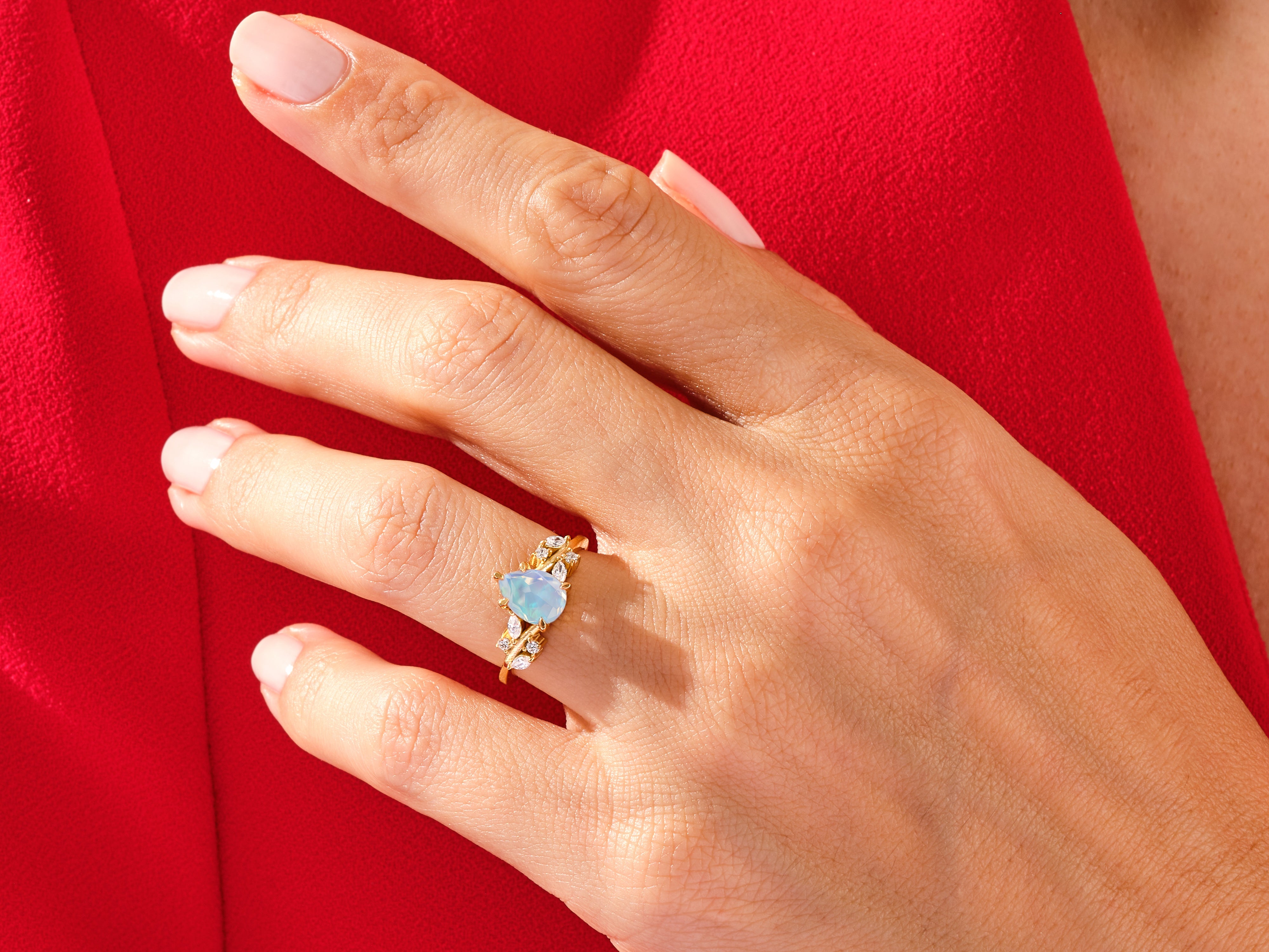 Pear Opal Engagement Ring with Moissanite Cluster