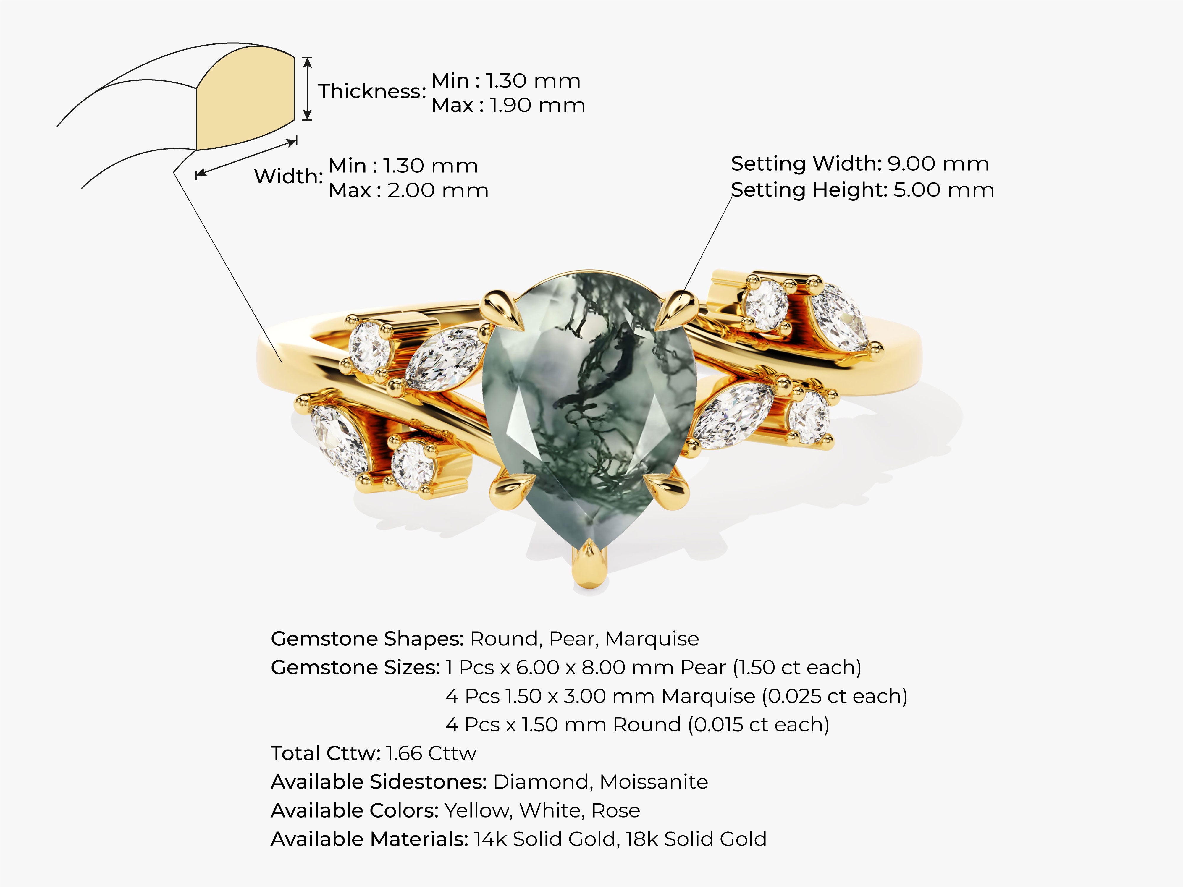 Gold ring with pear-cut moss agate and diamond accents