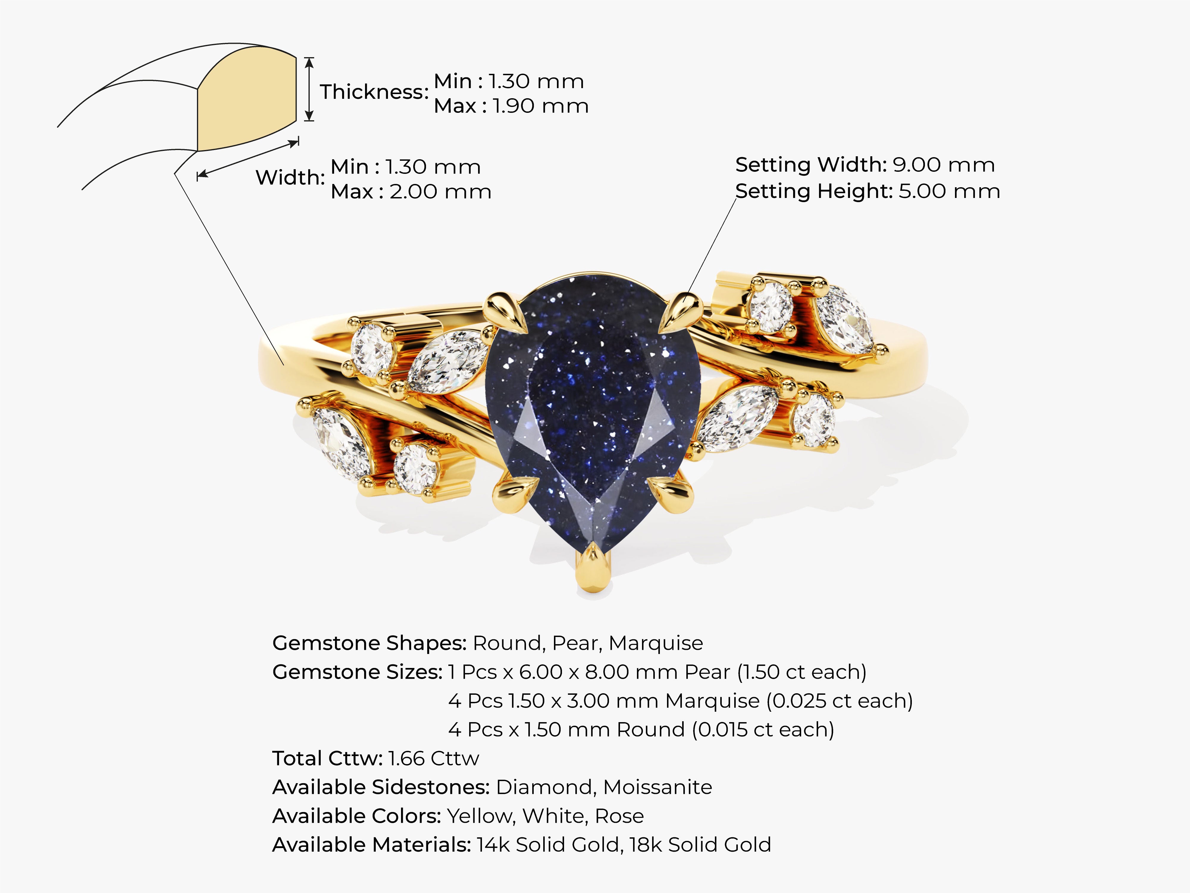 Gold ring with pear-shaped blue gemstone and diamonds