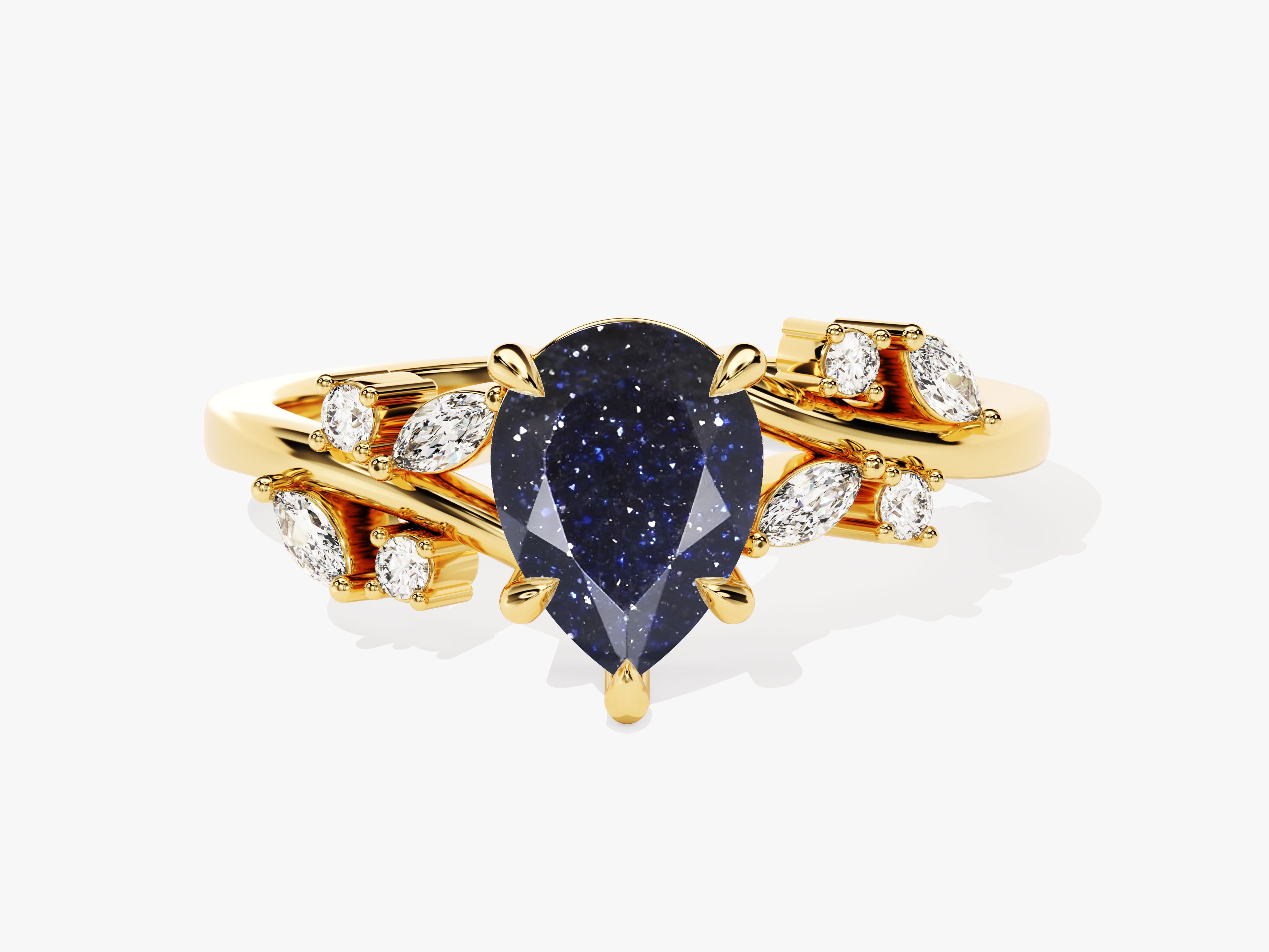 Gold ring with pear-shaped blue sandstone and diamonds
